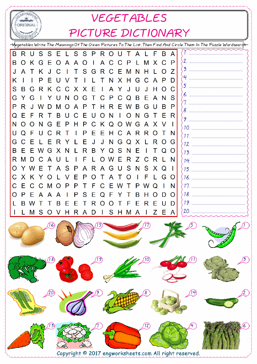  For kids, check the picture of Vegetables find, and write the word and find it in the word puzzle ESL printable worksheet. 
